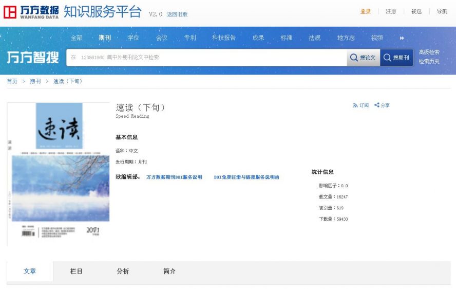 《速读》期刊在万方期刊网上的截图 《速读》期刊在万方期刊网上的截图